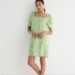 J Crew x SZ Blockprints Square Neck Puff Sleeve Mini Dress Green Sz M NEW BQ857
